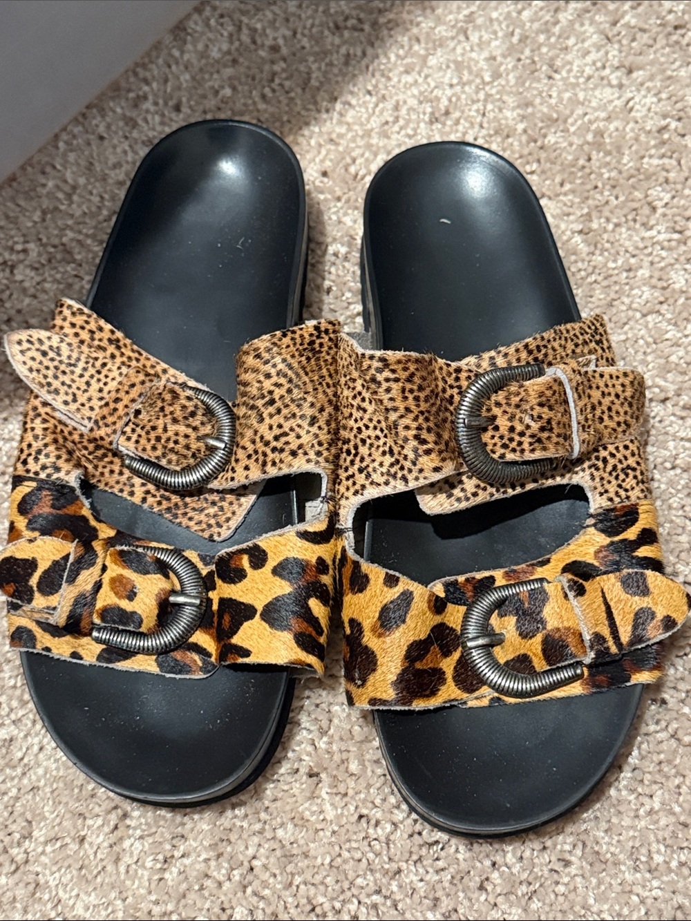 Leopard Print Double-Buckle Slide Sandals - Black Footbed pure leather